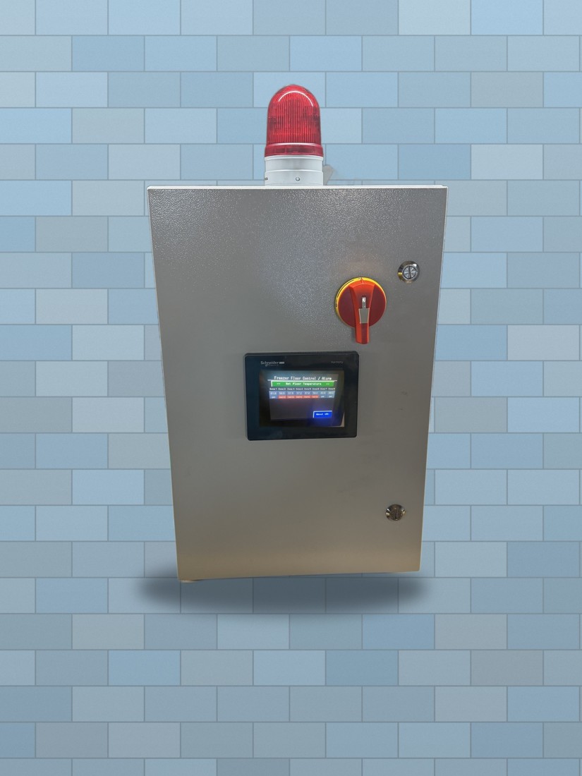 Freezer floor control panel enclosure with lockable disconnect, alarm beacon, and color display active with live zone data